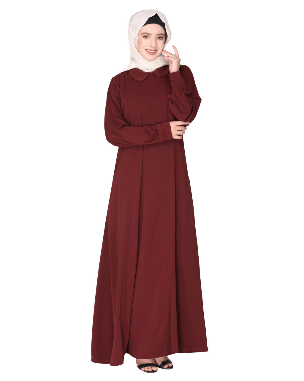 Unpretentious simple Abaya with fancy shirt collars Maroon