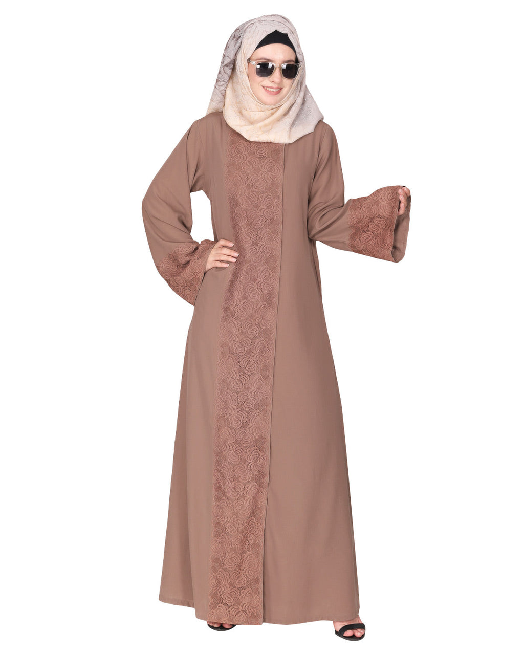 Eloquent formal widelaced front open Abaya Brown