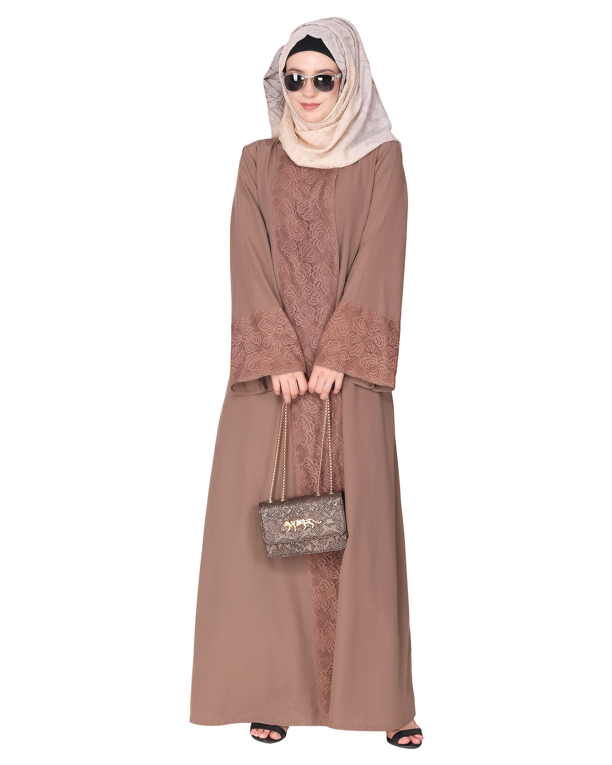 Eloquent formal widelaced front open Abaya Brown