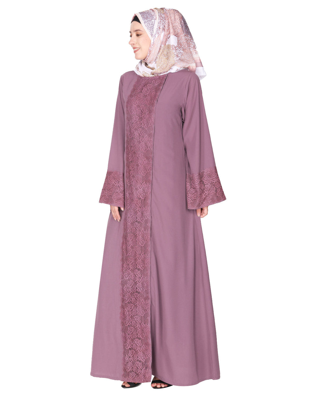 Eloquent formal widelaced front open Abaya Light Purple