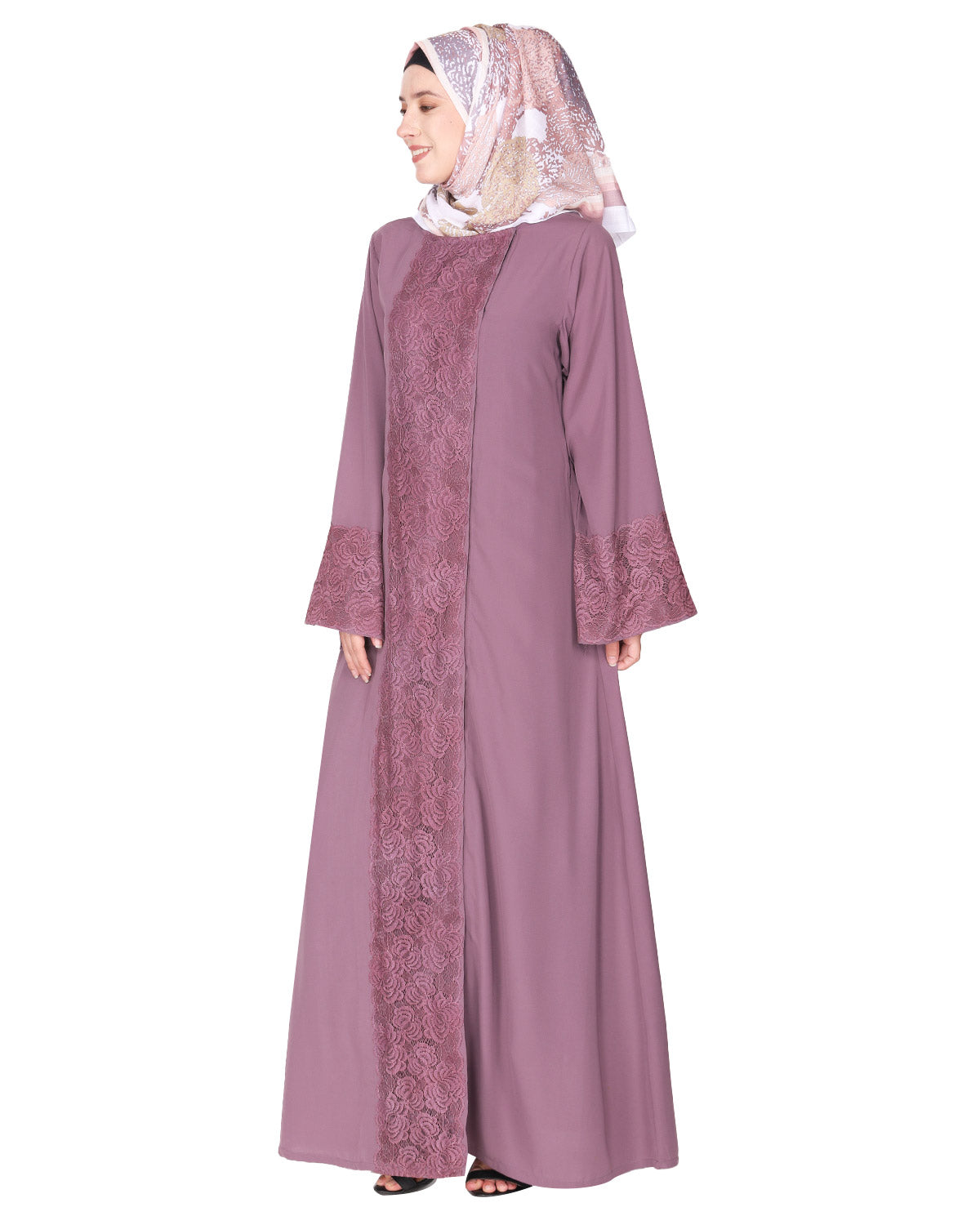 Eloquent formal widelaced front open Abaya Light Purple