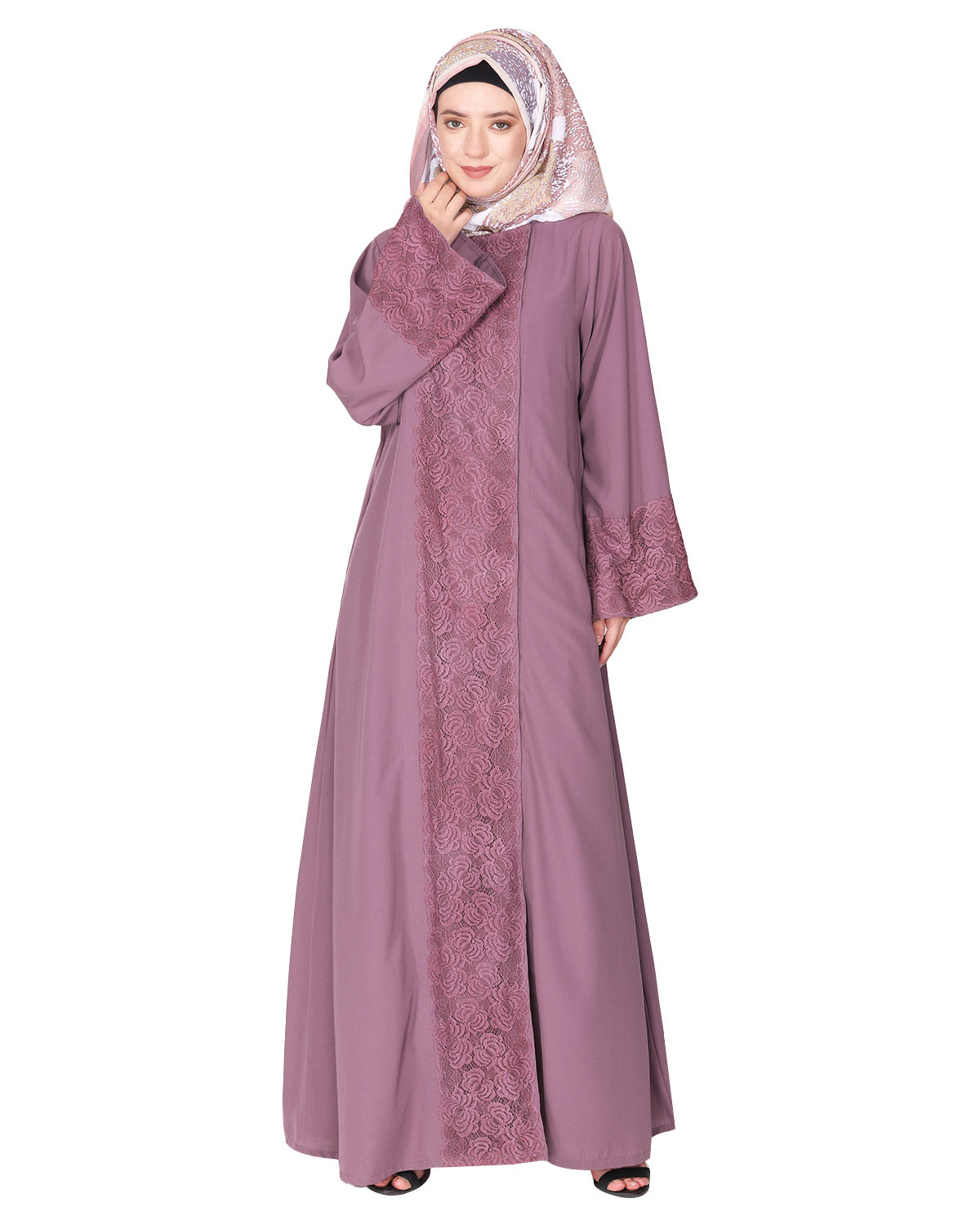Eloquent formal widelaced front open Abaya Light Purple