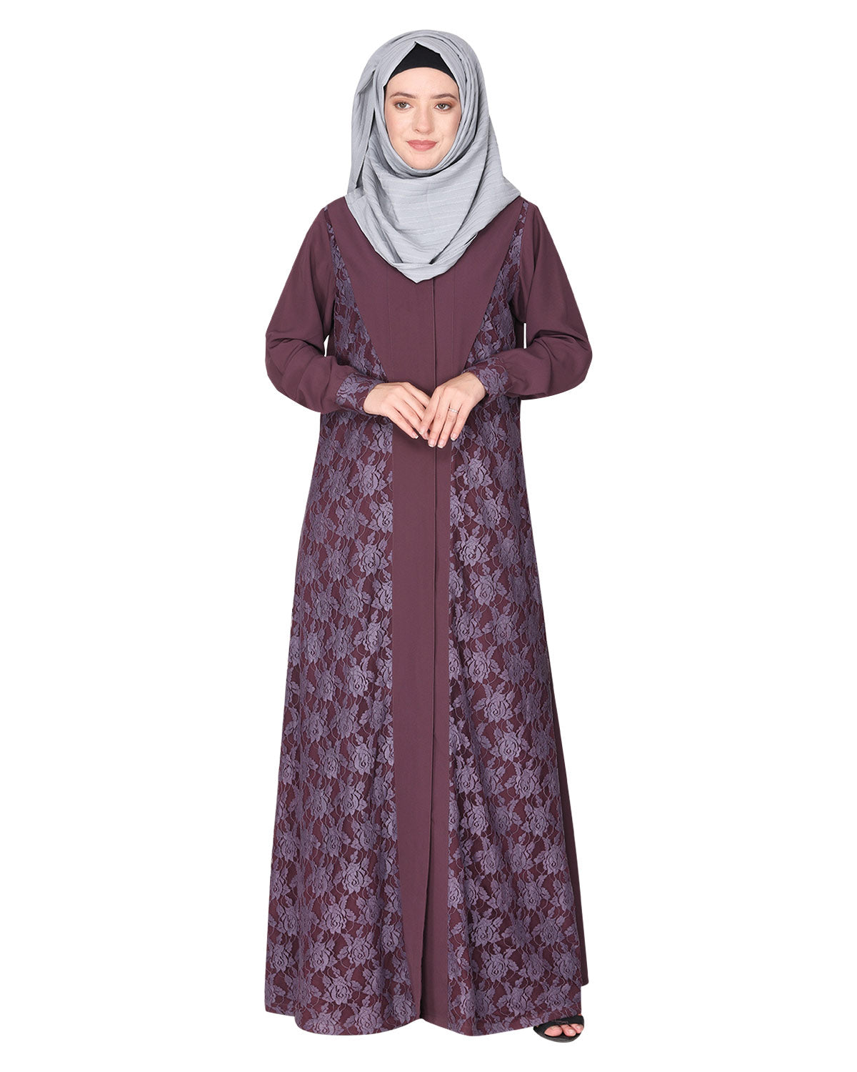 Fascinating Lacedup evening wear Abaya Purple