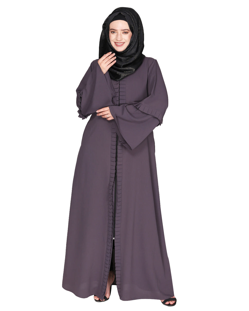 Modish pleated black abaya with conventional bell sleeves Dark Grey