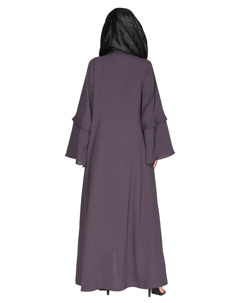 Modish pleated black abaya with conventional bell sleeves Dark Grey