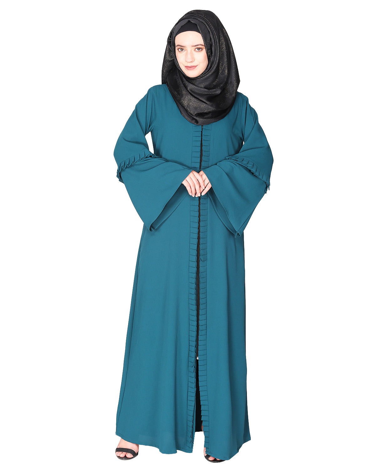 Modish pleated black abaya with conventional bell sleeves Green