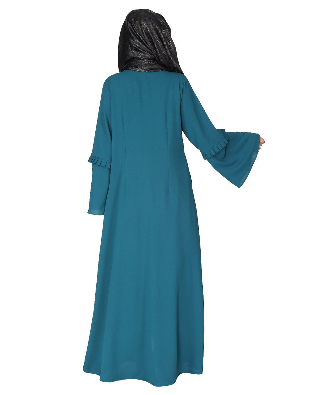 Modish pleated black abaya with conventional bell sleeves Green