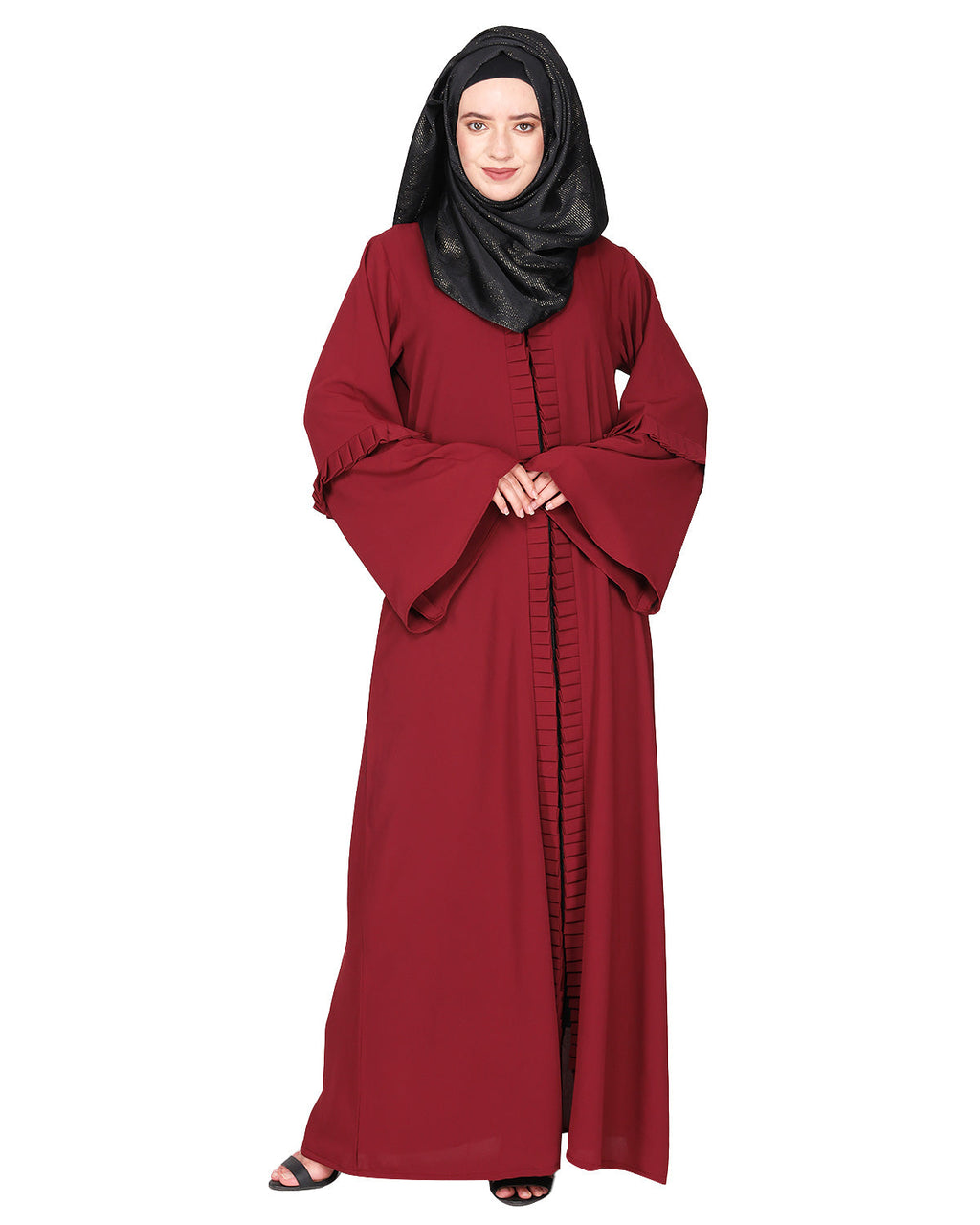 Modish pleated black abaya with conventional bell sleeves Maroon
