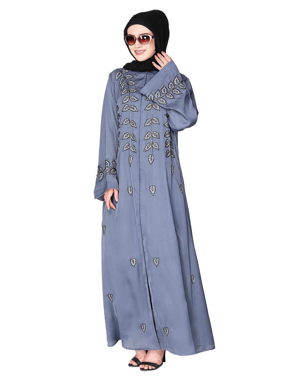 Stems & Leaves heavy embroidered dubai Style Abaya Grey
