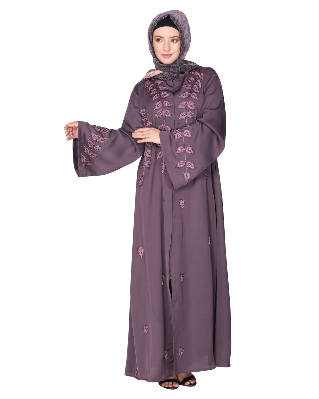 Stems & Leaves heavy embroidered dubai Style Abaya Grey