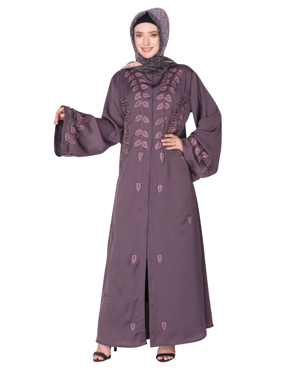 Stems & Leaves heavy embroidered dubai Style Abaya Grey