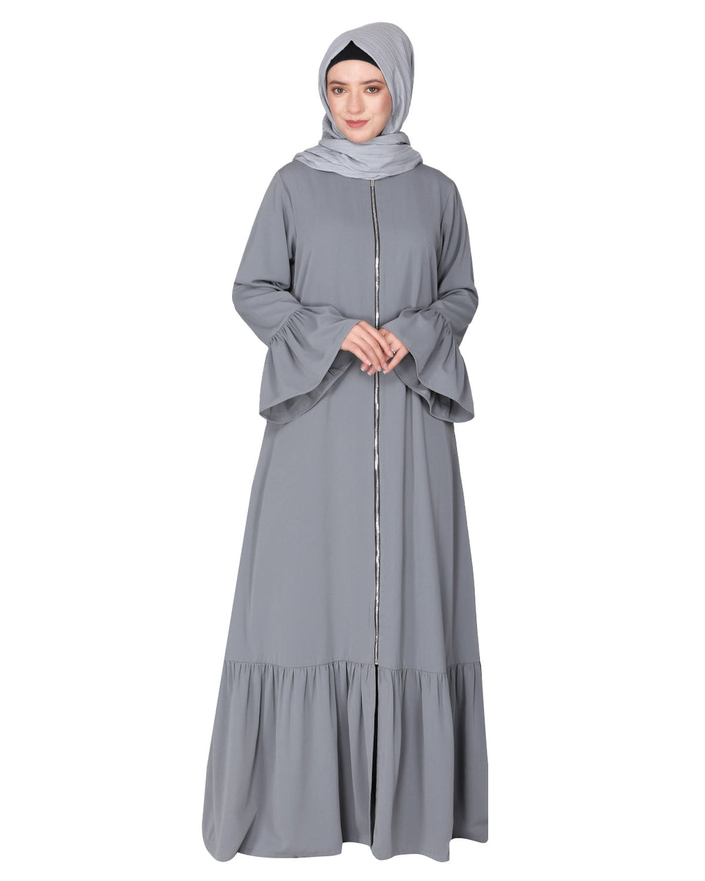 Progressive newage front open Abaya Light Grey