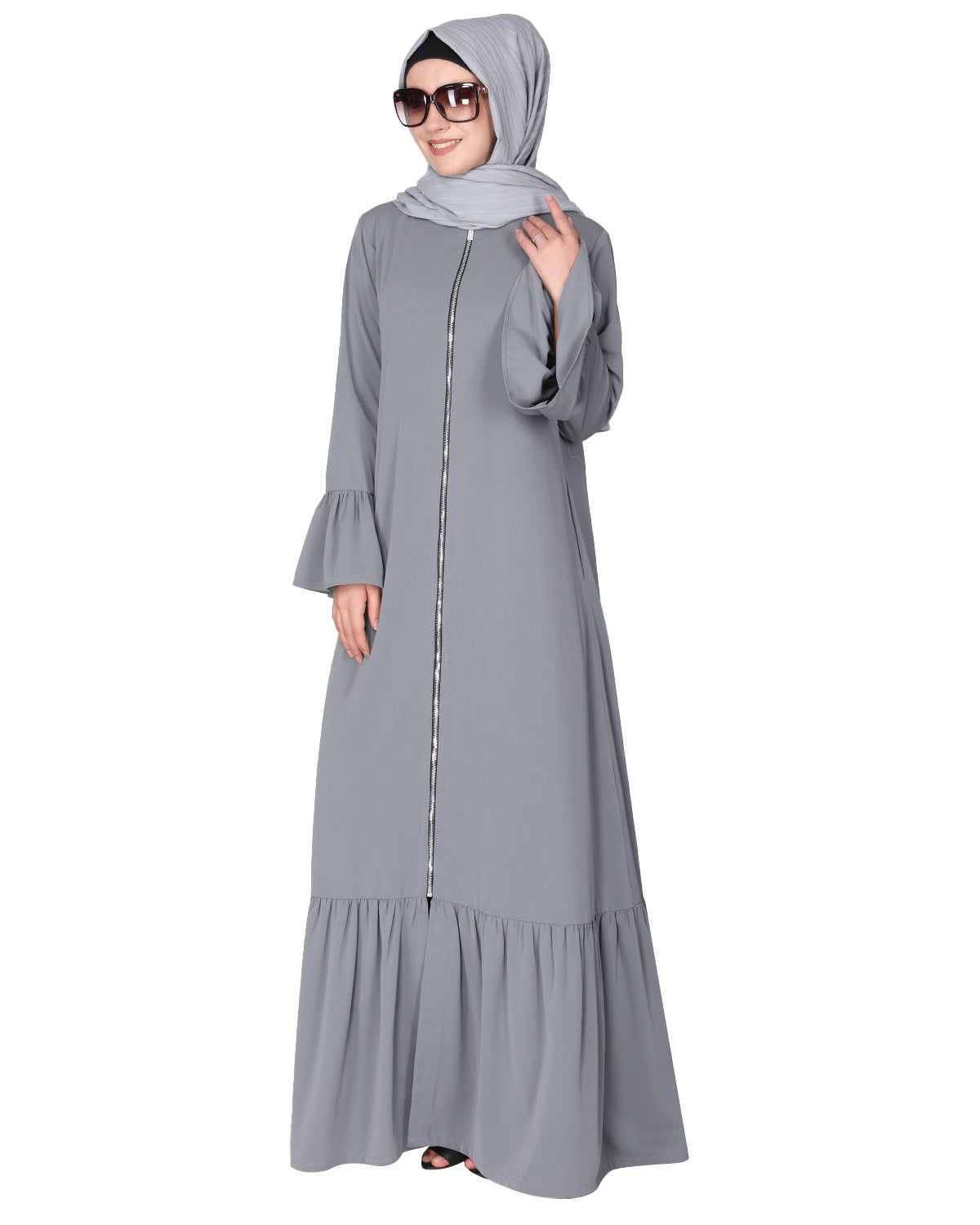 Progressive newage front open Abaya Light Grey