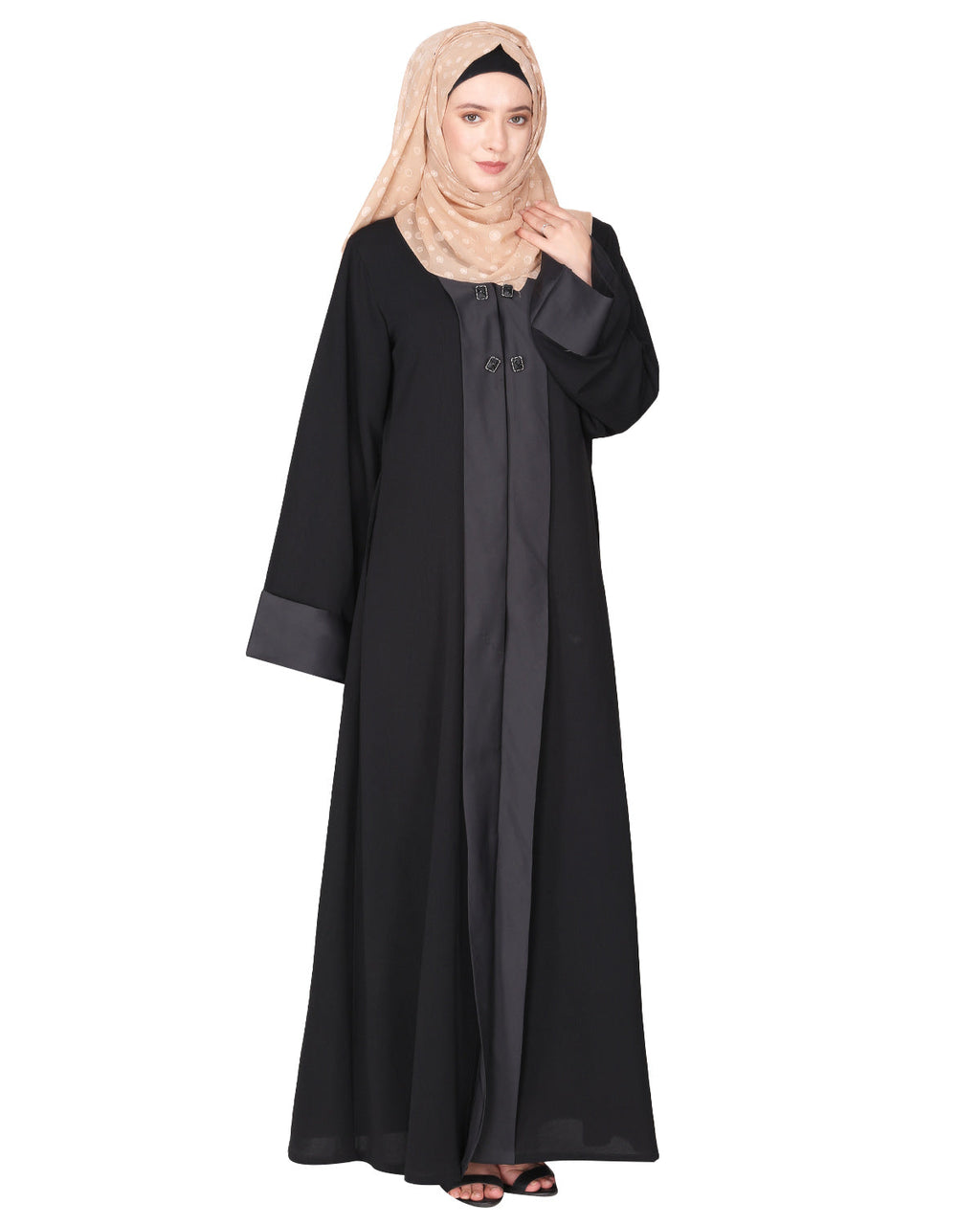 Graceful curtains style front open abaya with designer show buttons Black