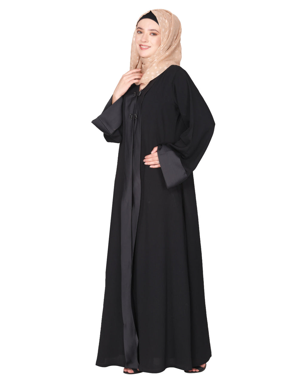Graceful curtains style front open abaya with designer show buttons Black