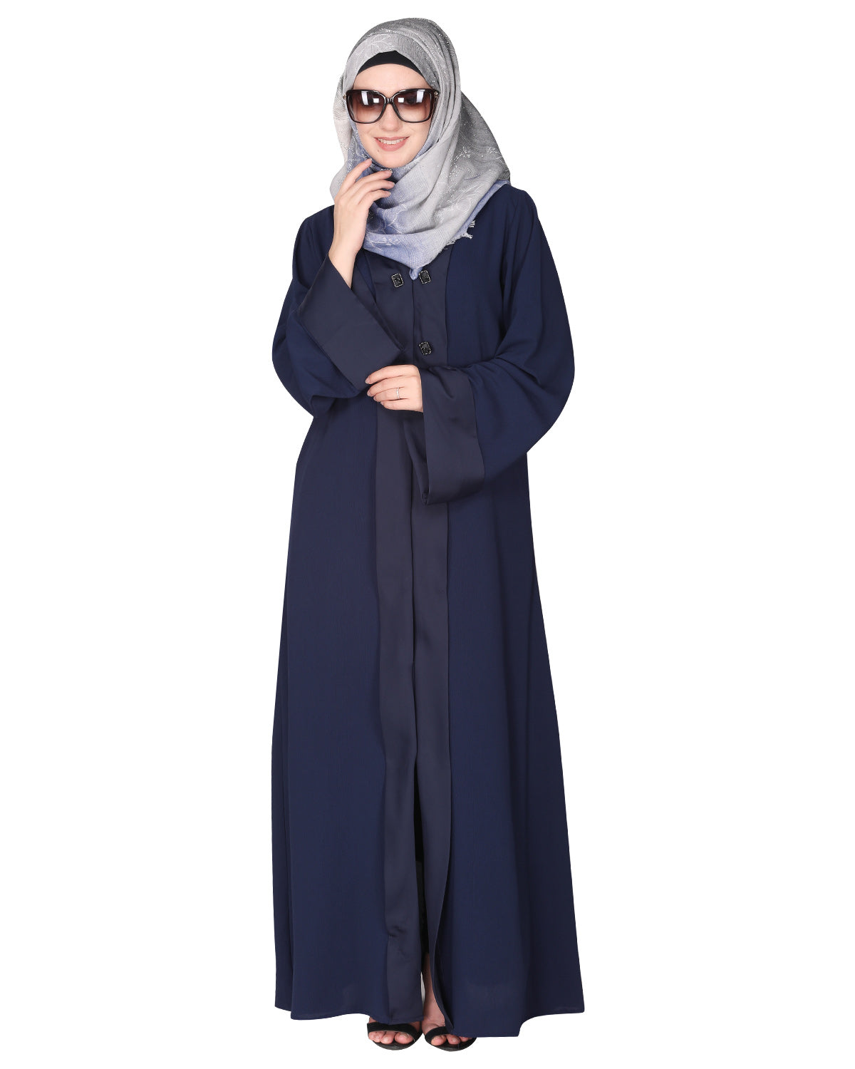 Graceful curtains style front open abaya with designer show buttons Dark Blue