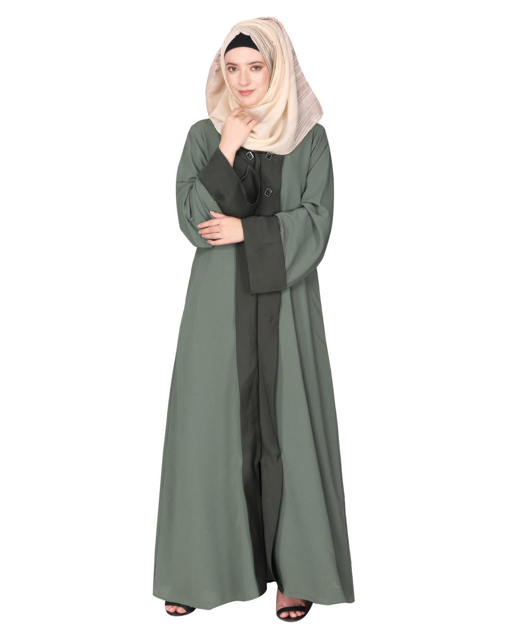 Graceful curtains style front open abaya with designer show buttons Dead Mint