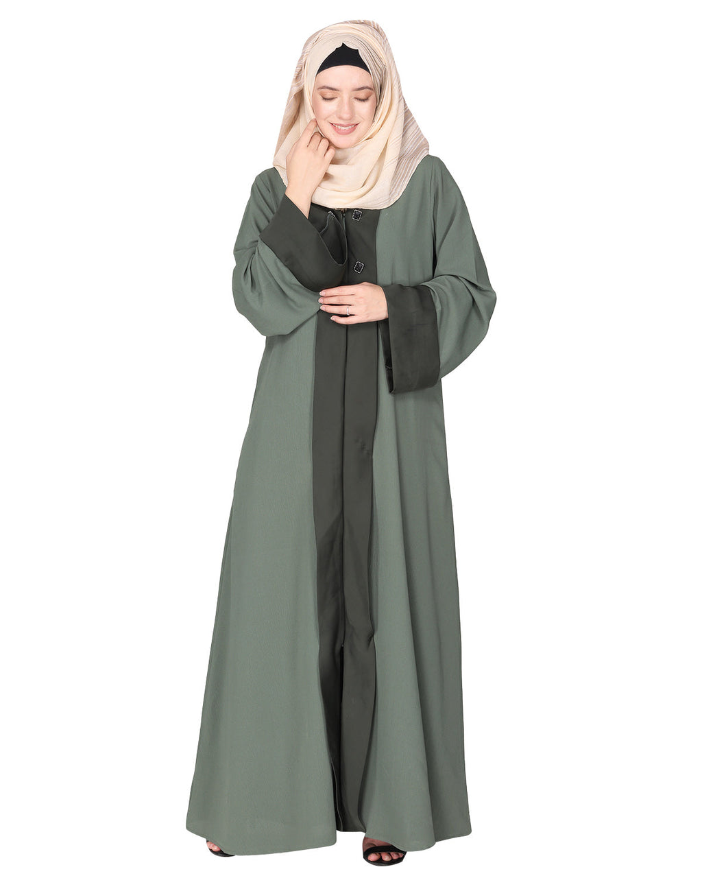 Graceful curtains style front open abaya with designer show buttons Dead Mint