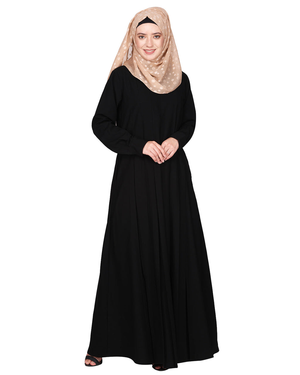 An Umbrella style stunning pleated abaya with Pinstriped Yolk Black