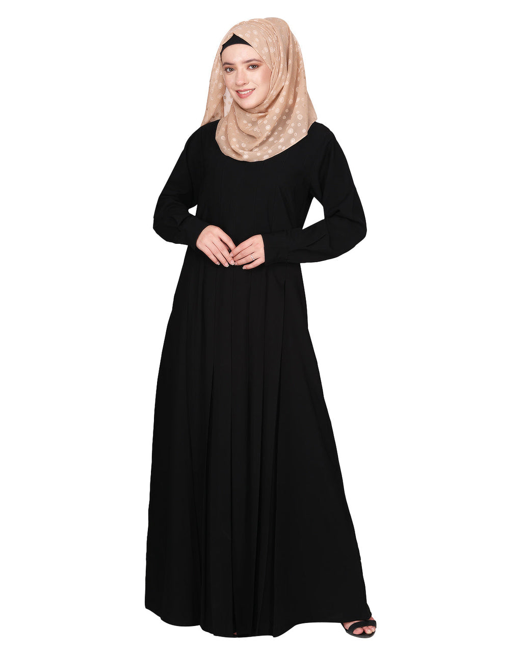 An Umbrella style stunning pleated abaya with Pinstriped Yolk Black