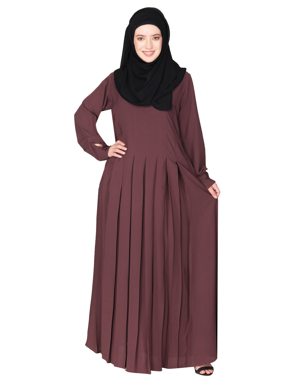 An Umbrella style stunning pleated abaya with Pinstriped Yolk Purple