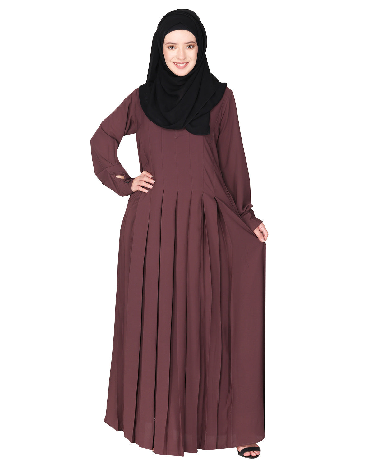 An Umbrella style stunning pleated abaya with Pinstriped Yolk Purple