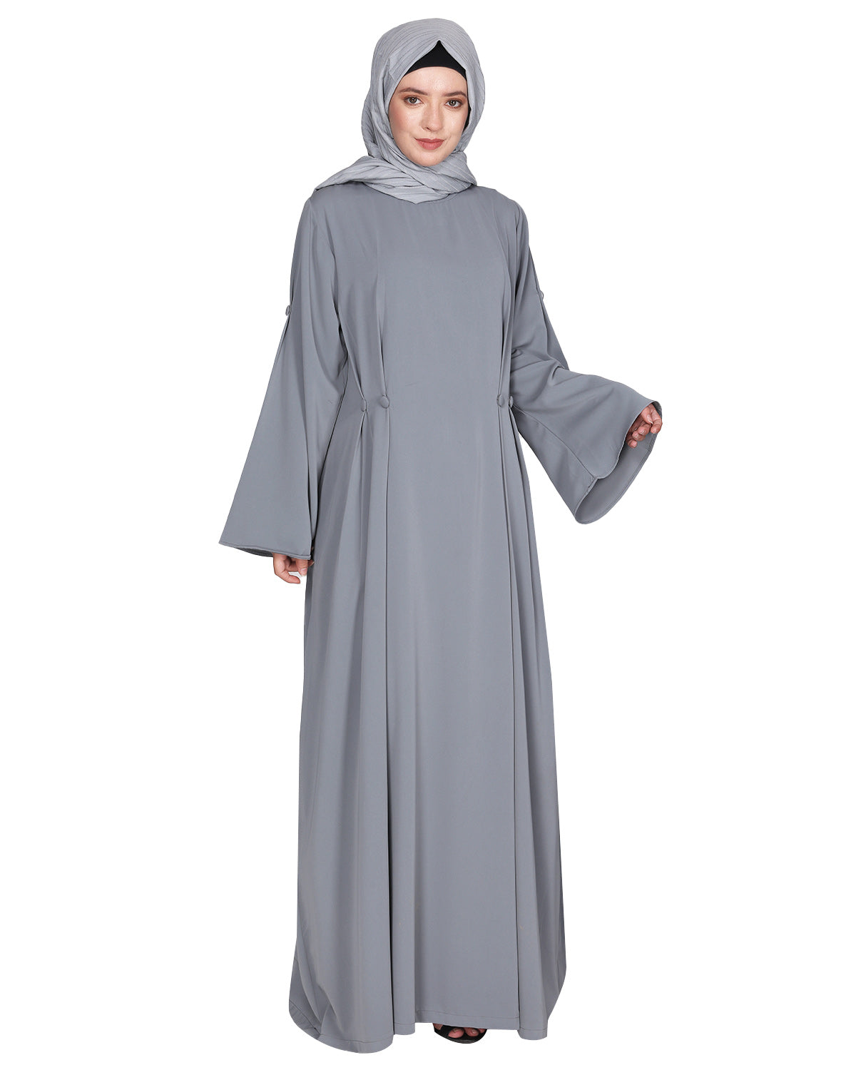 Dignified Buttons and Pintuck abaya Light Grey