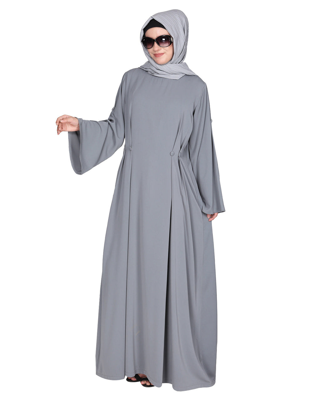 Dignified Buttons and Pintuck abaya Light Grey