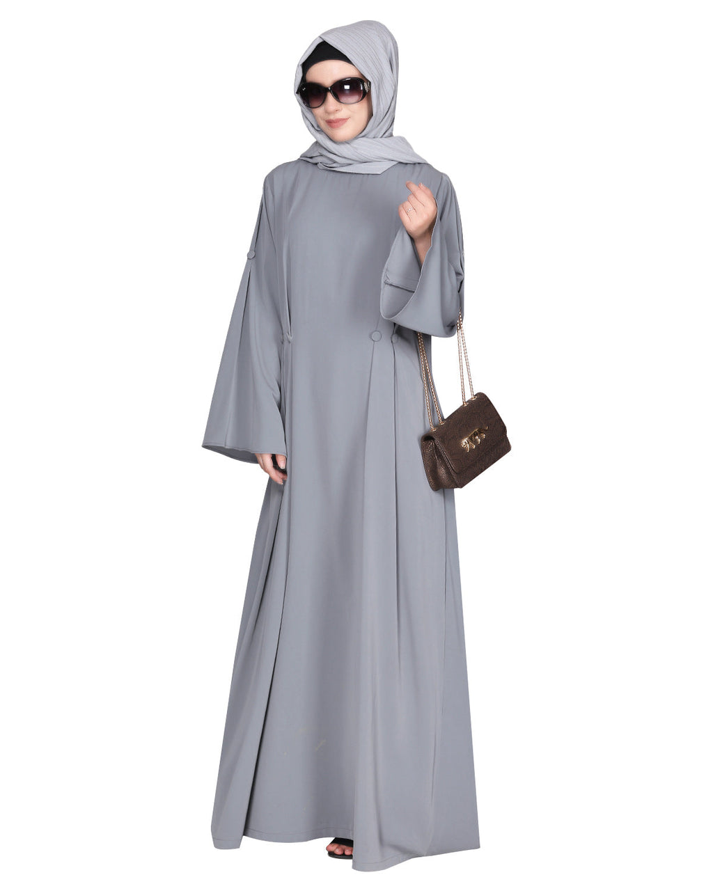 Dignified Buttons and Pintuck abaya Light Grey