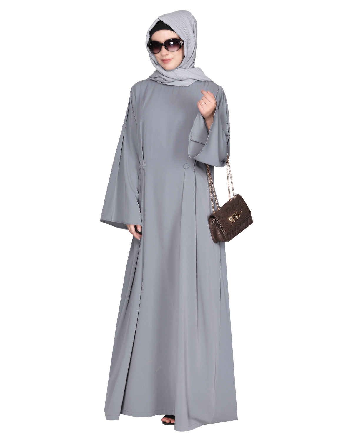 Dignified Buttons and Pintuck abaya Light Grey