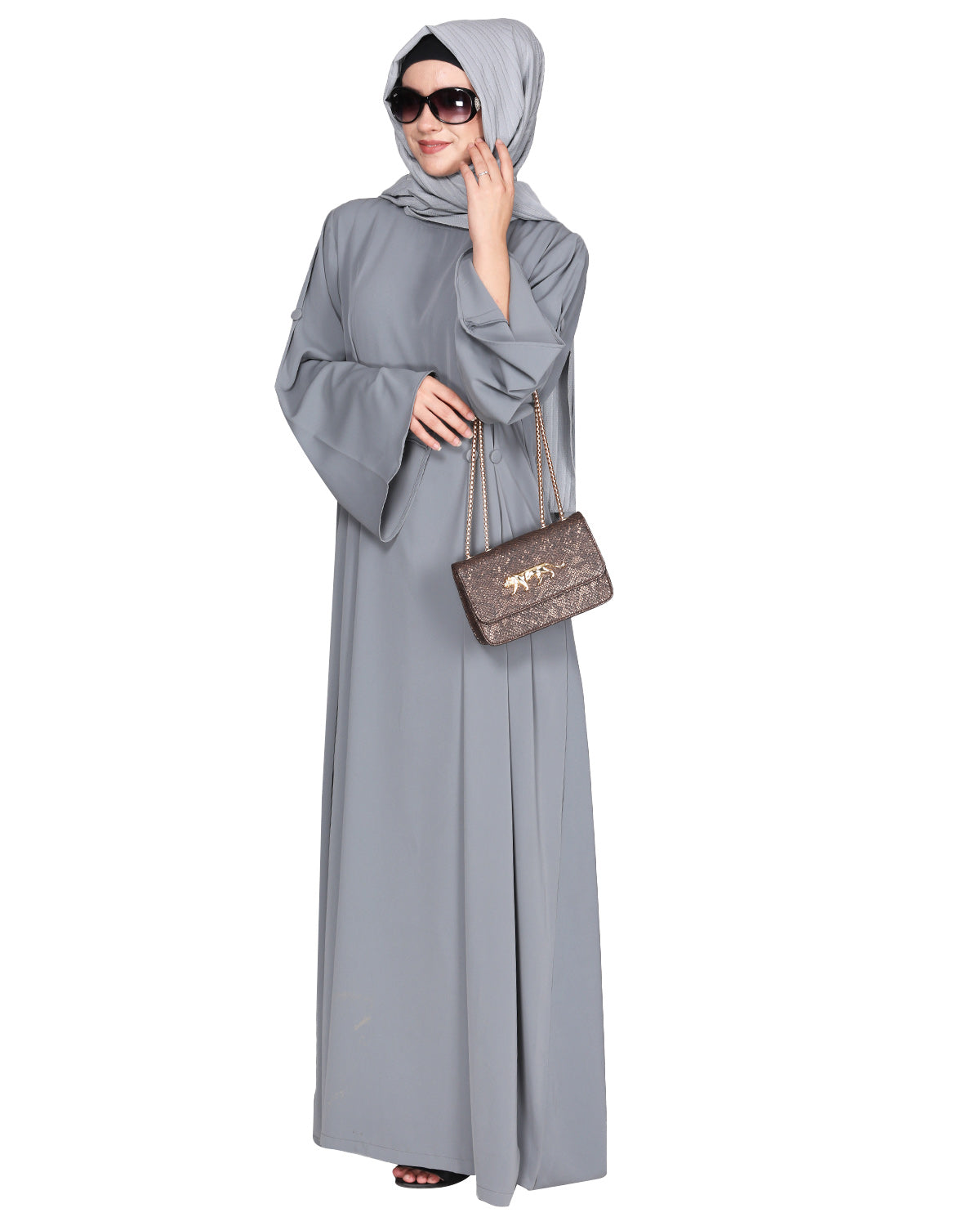 Dignified Buttons and Pintuck abaya Light Grey