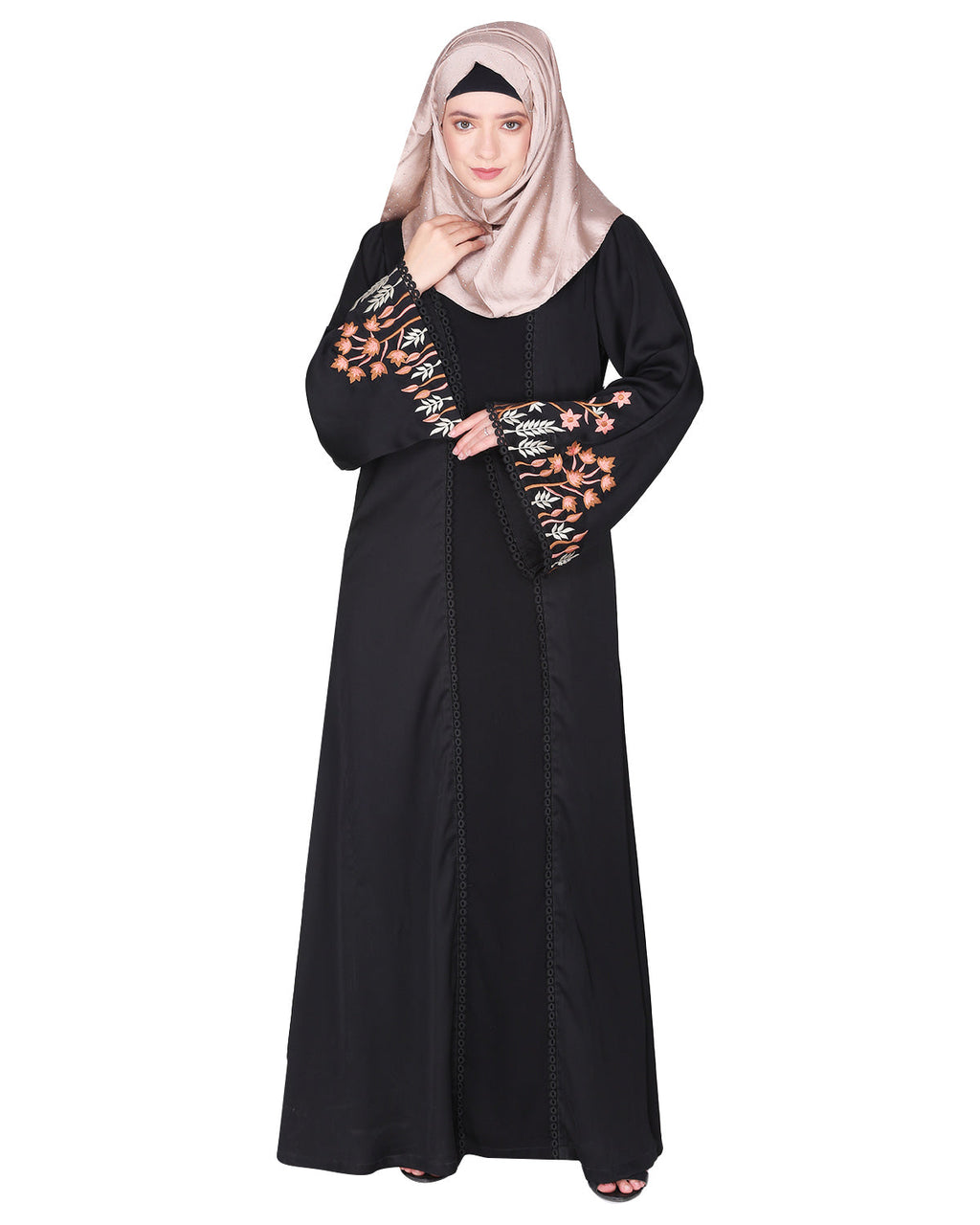 Shrug style lovely buds & flowers embroidered front close abaya