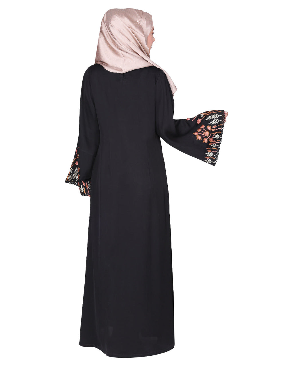 Shrug style lovely buds & flowers embroidered front close abaya Black