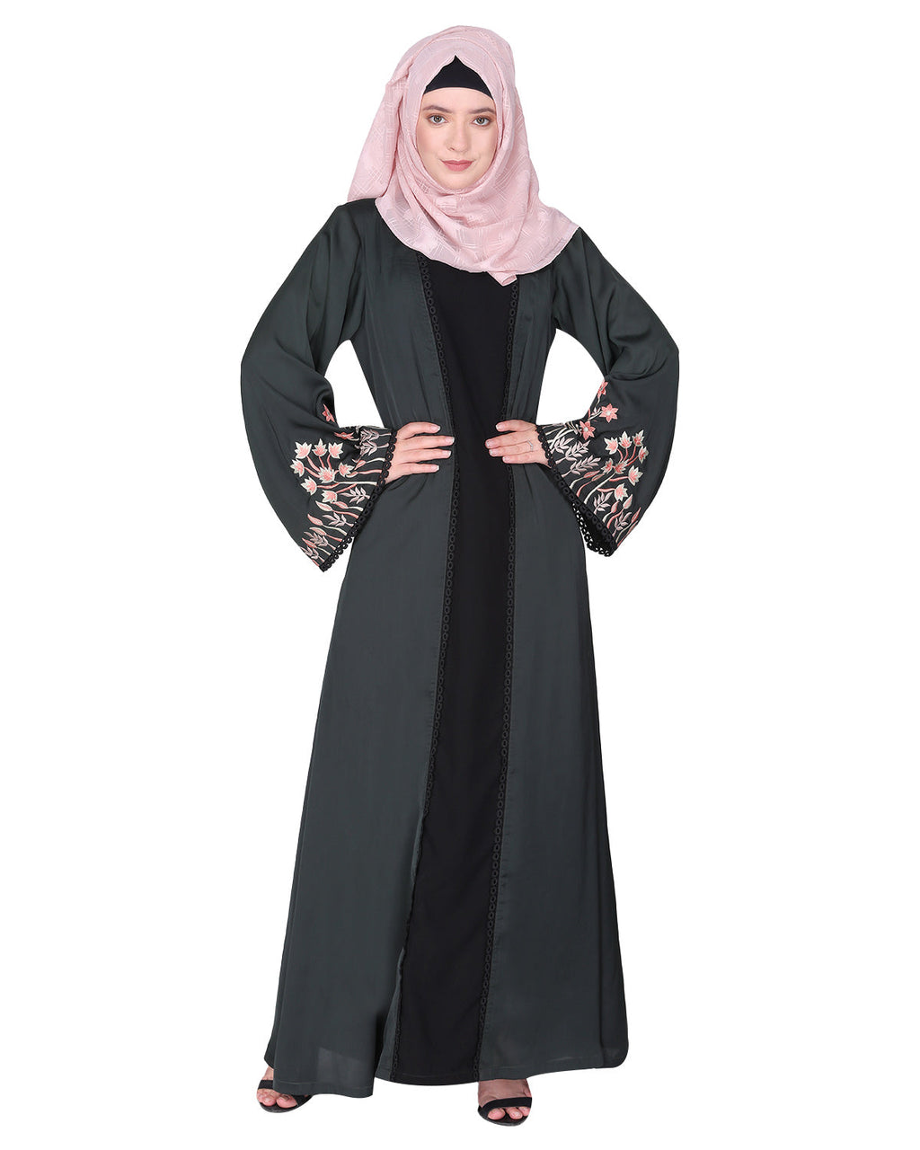 Shrug style lovely buds & flowers embroidered front close abaya