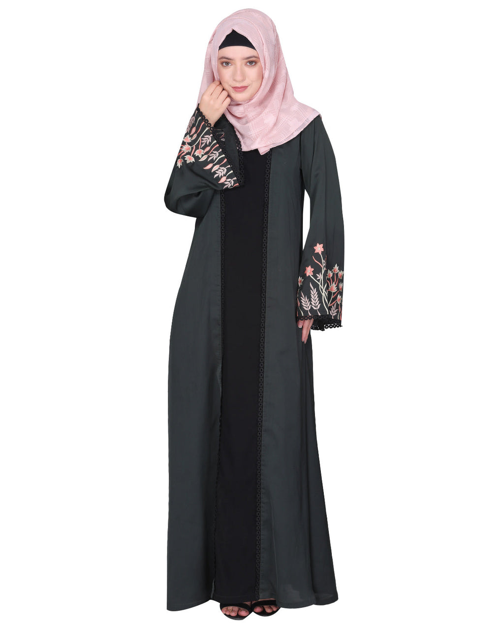 Shrug style lovely buds & flowers embroidered front close abaya Blue