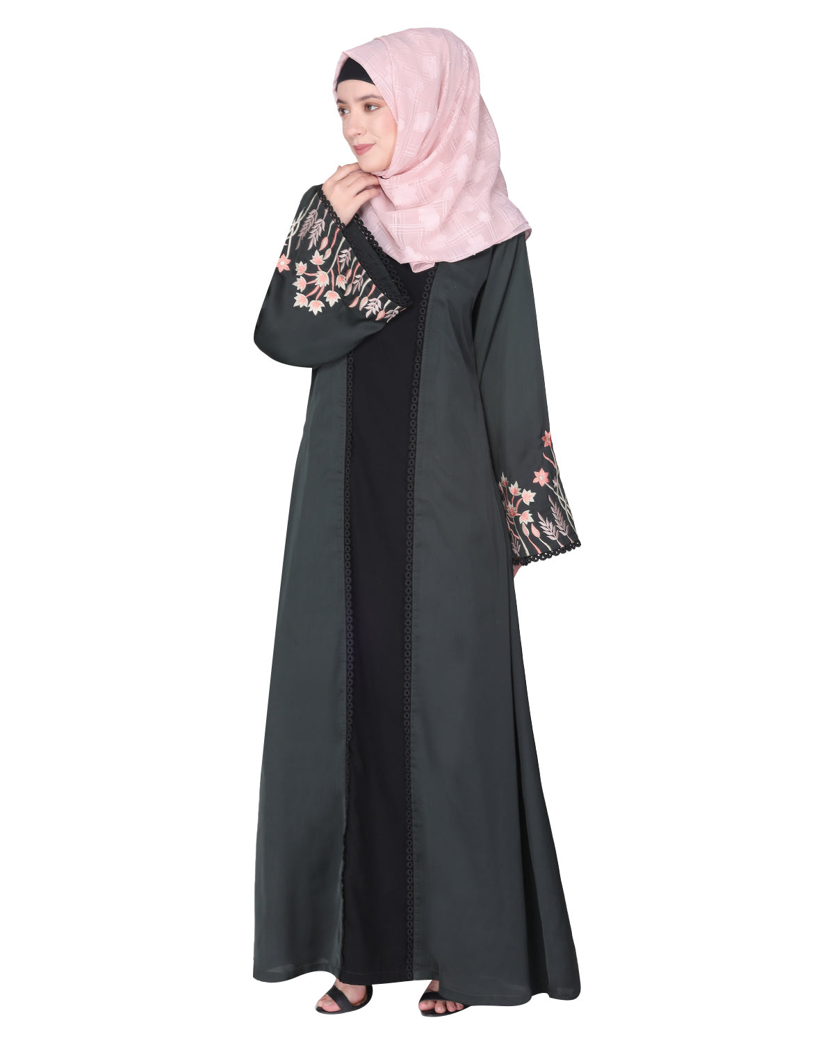 Shrug style lovely buds & flowers embroidered front close abaya Blue