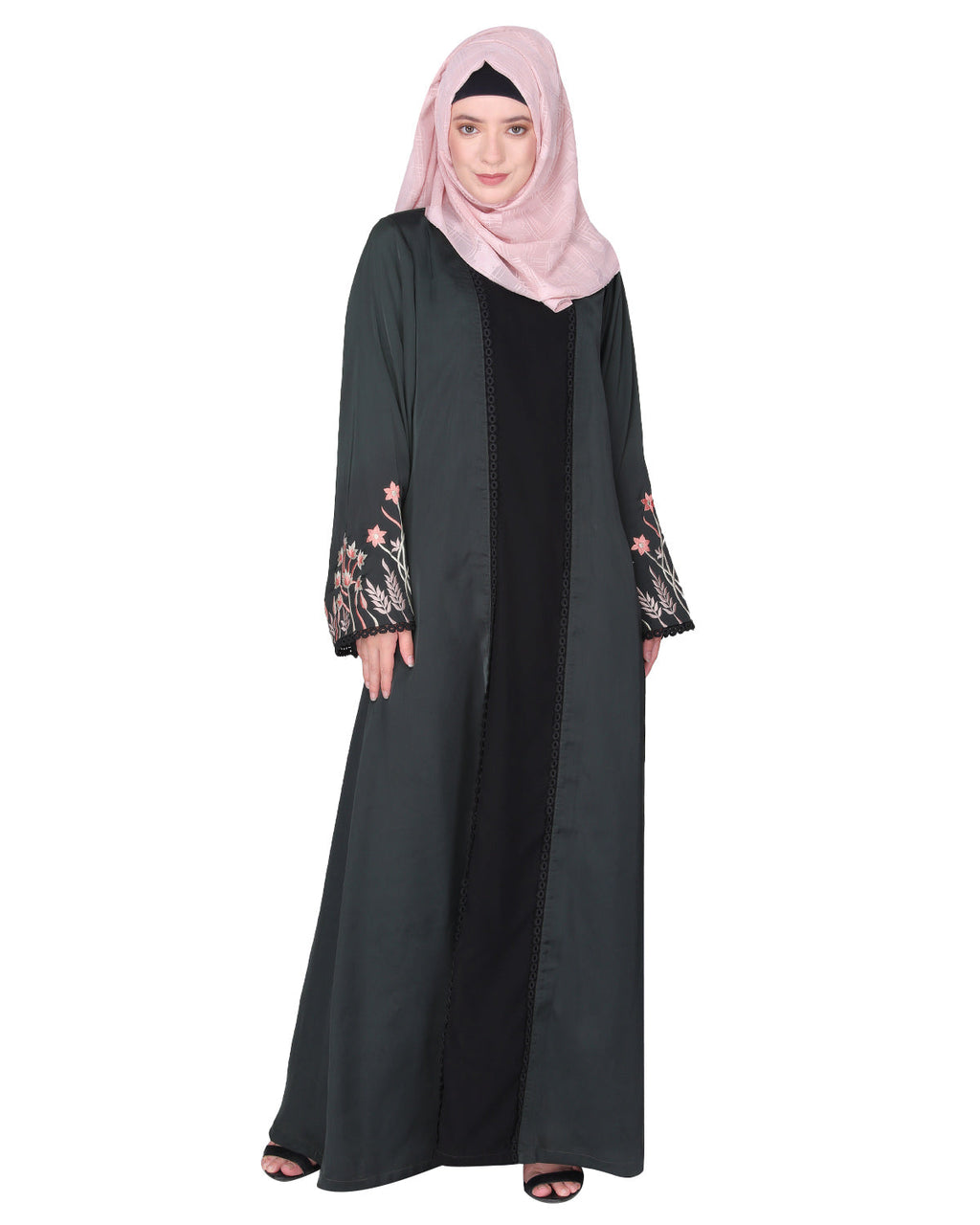 Shrug style lovely buds & flowers embroidered front close abaya Olive Green