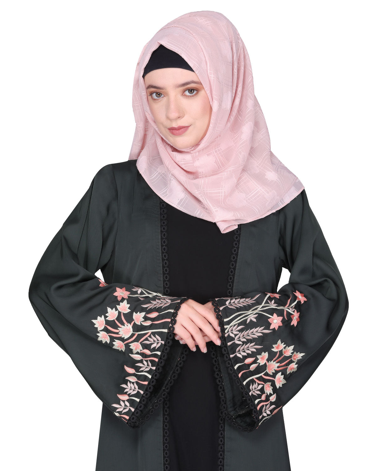 Shrug style lovely buds & flowers embroidered front close abaya Olive Green