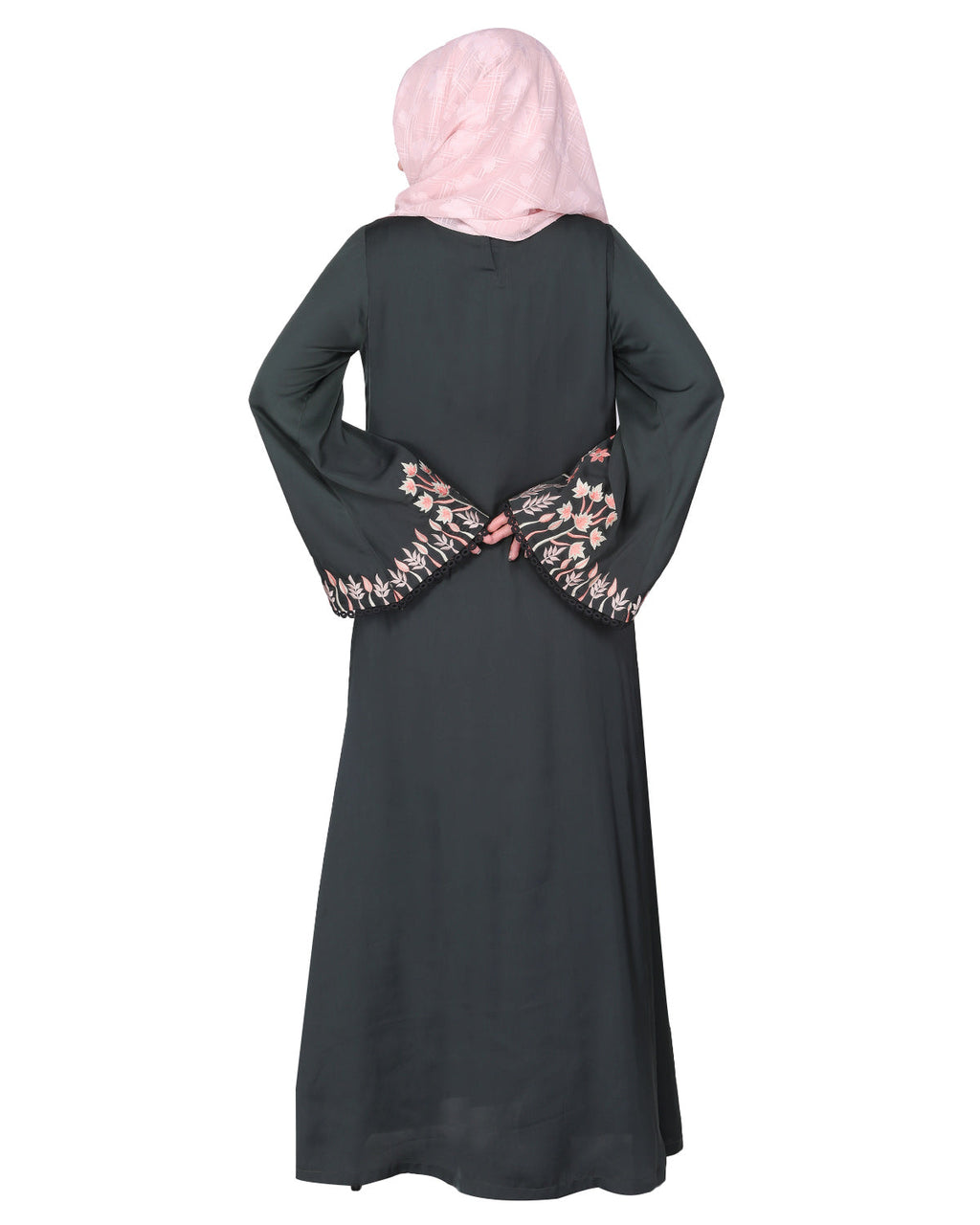 Shrug style lovely buds & flowers embroidered front close abaya Olive Green