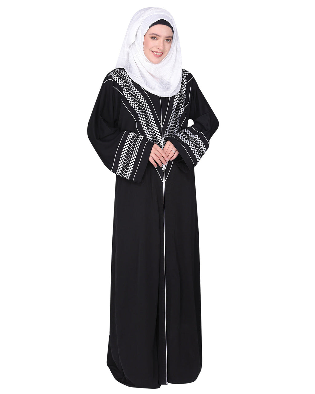 A magnificent Palestinian motif front open embroidered abaya Black