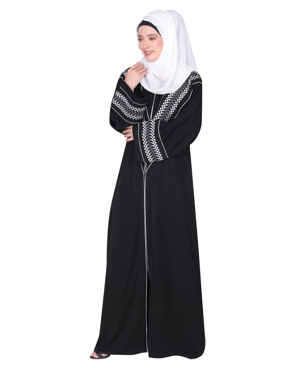 A magnificent Palestinian motif front open embroidered abaya Black