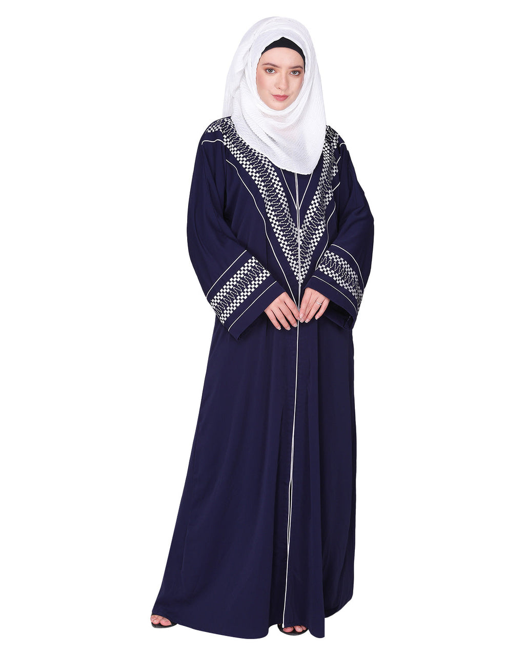 A magnificent Palestinian motif front open embroidered abaya Blue