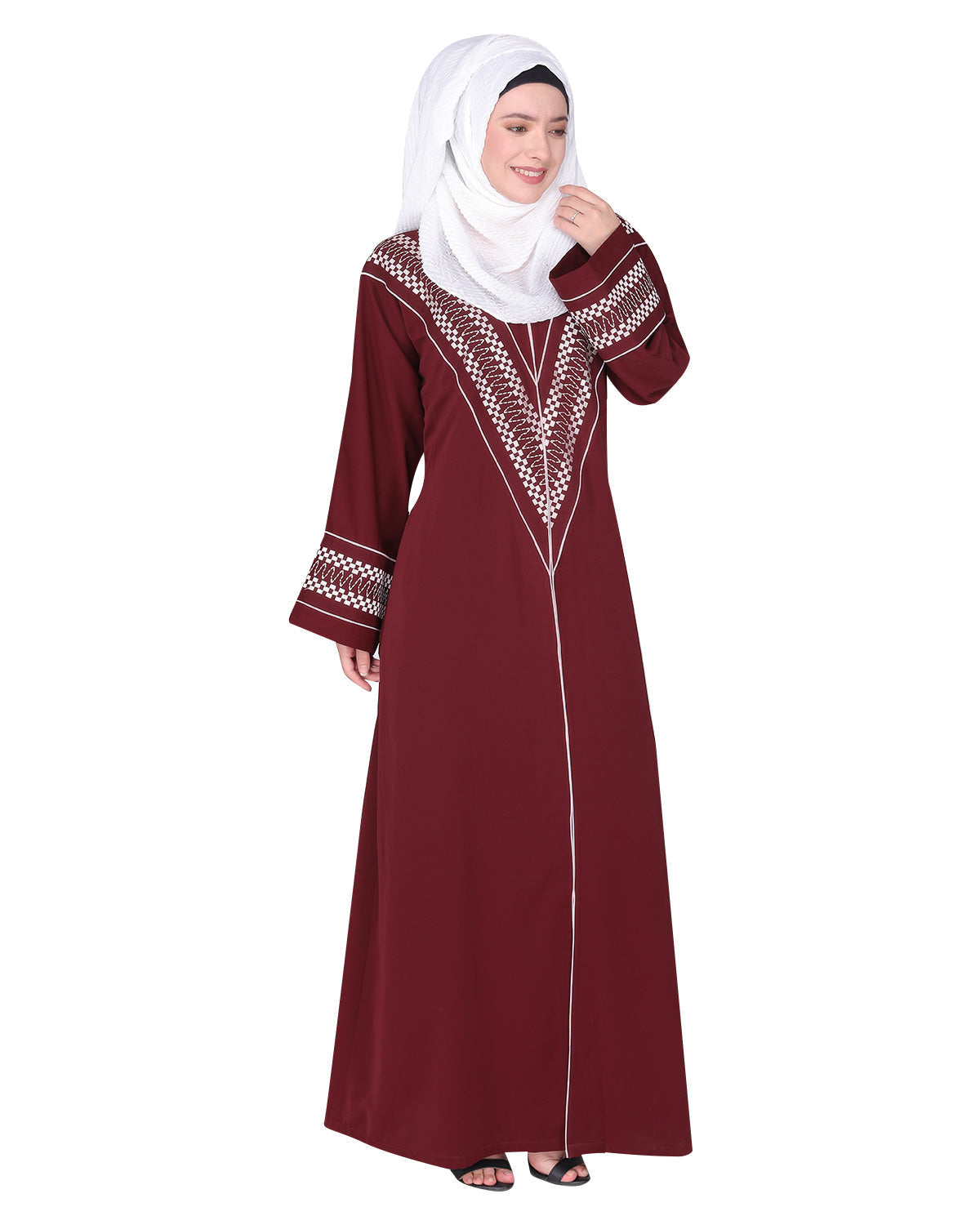 A magnificent Palestinian motif front open embroidered abaya Maroon