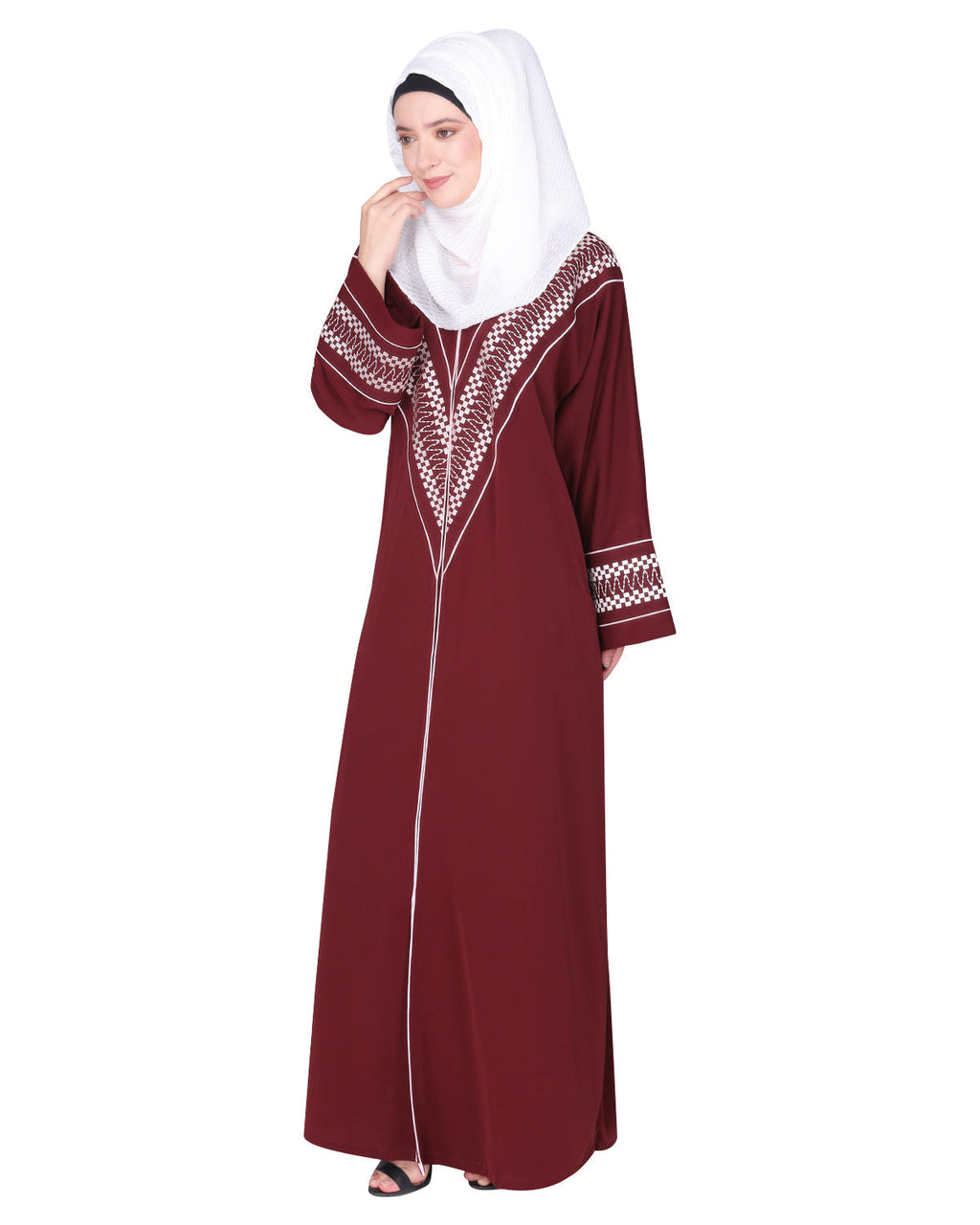 A magnificent Palestinian motif front open embroidered abaya Maroon