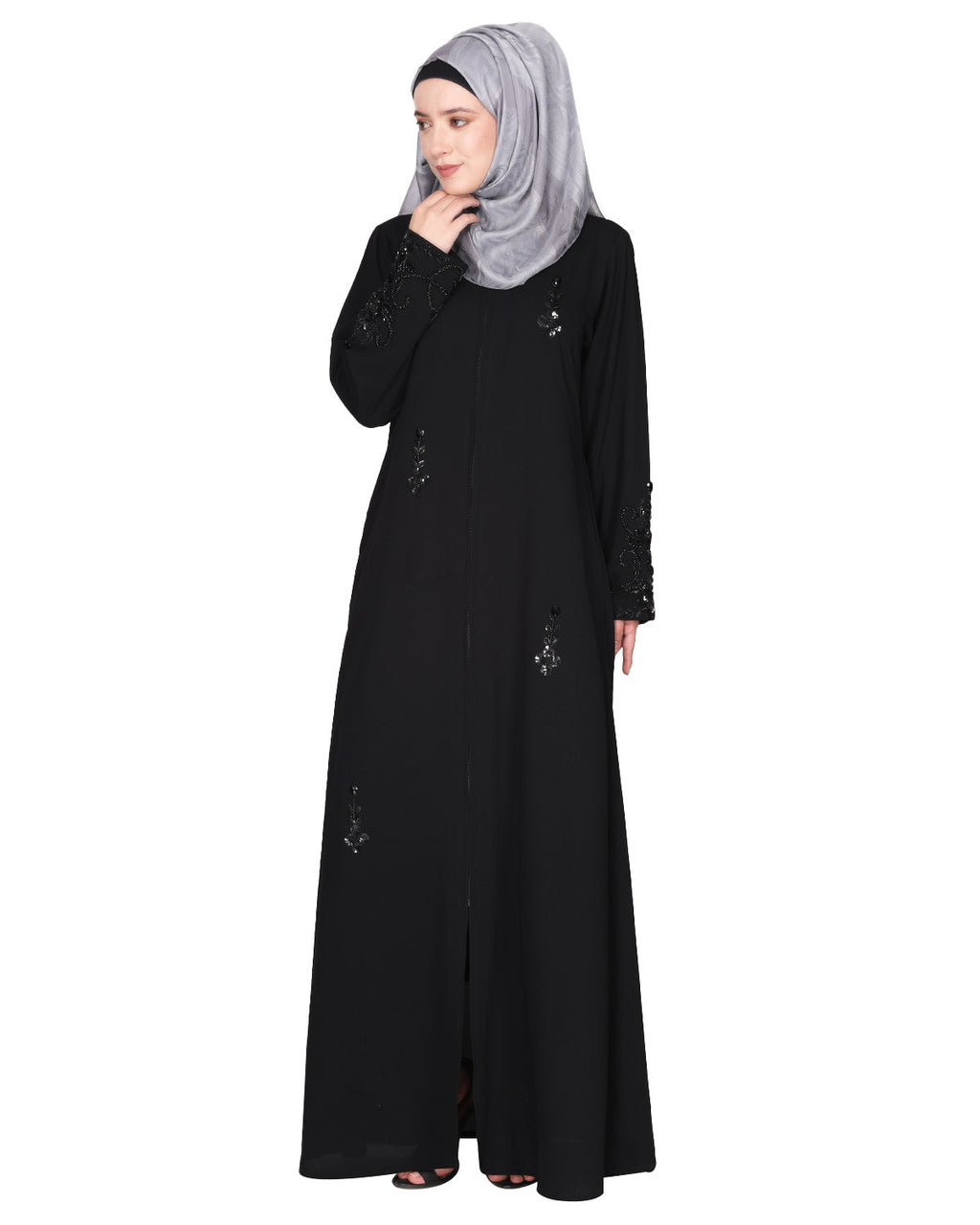 Rich hand embroidered front open abaya with itricate motif of glittering beads Black