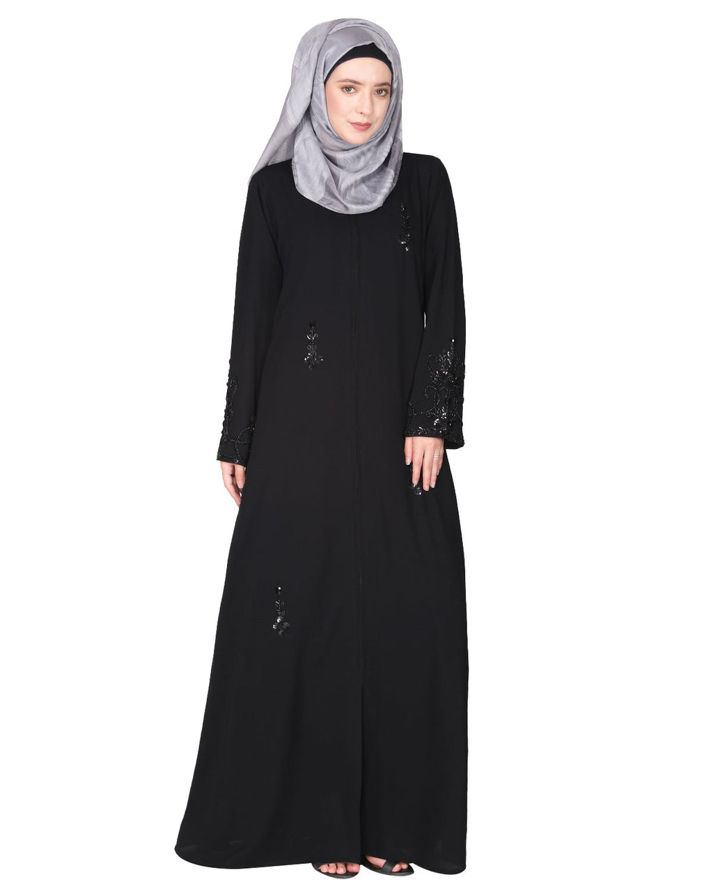 Rich hand embroidered front open abaya with itricate motif of glittering beads Black