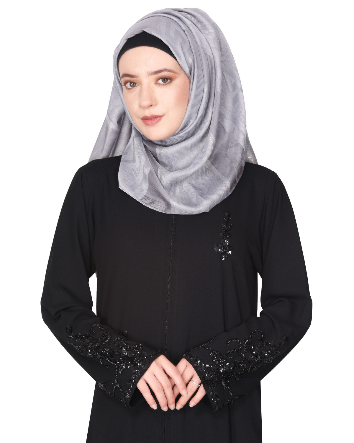 Rich hand embroidered front open abaya with itricate motif of glittering beads Black