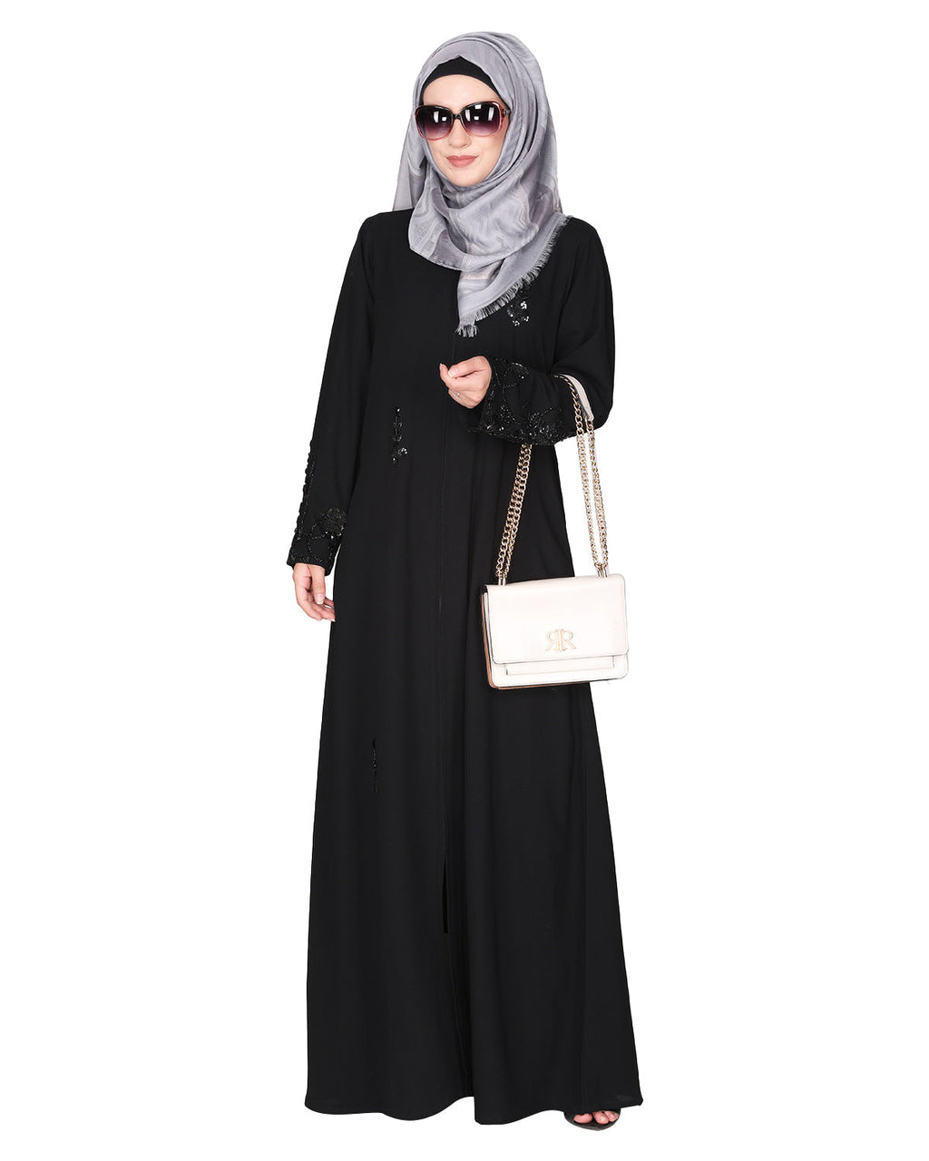 Rich hand embroidered front open abaya with itricate motif of glittering beads Black