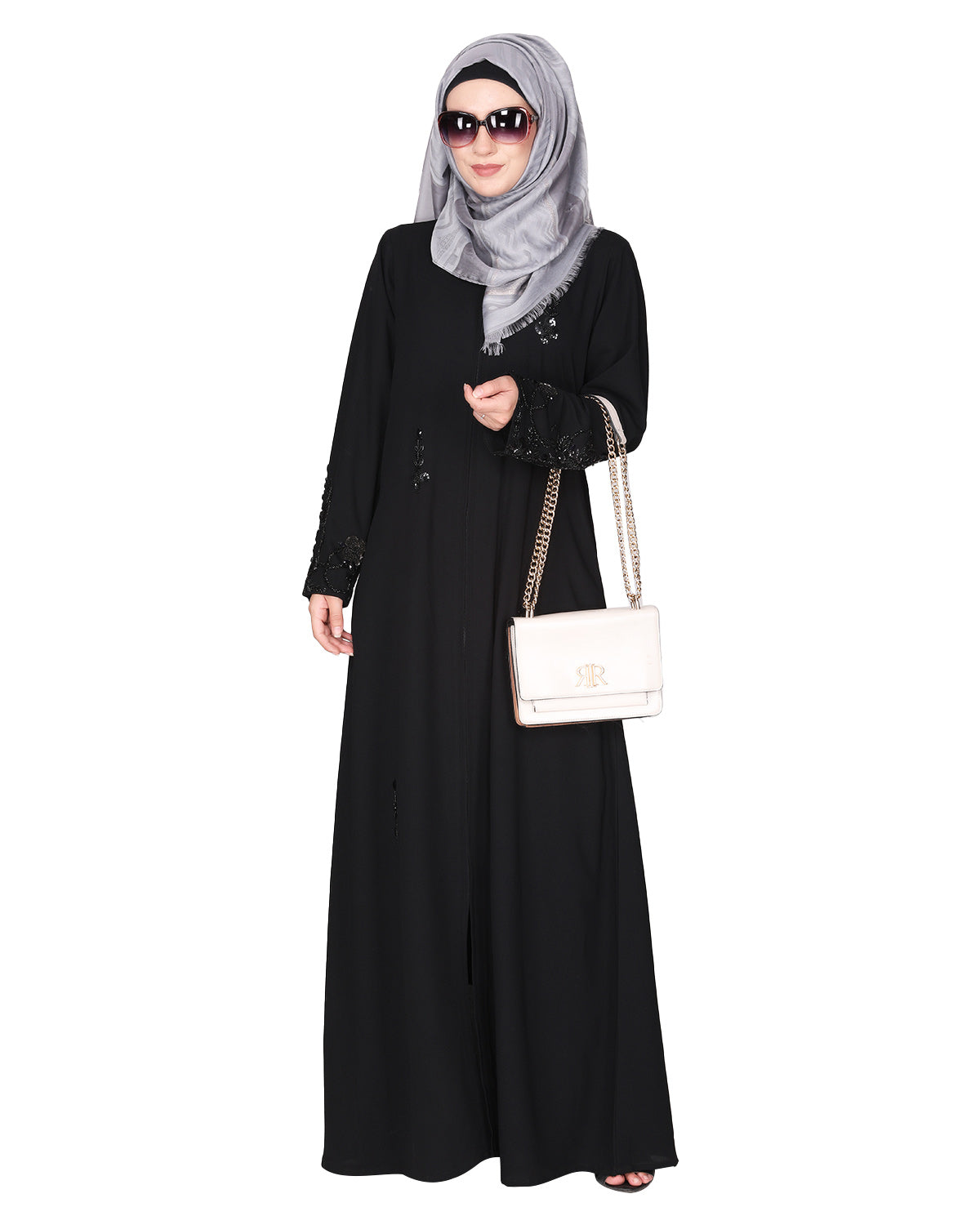 Rich hand embroidered front open abaya with itricate motif of glittering beads Black