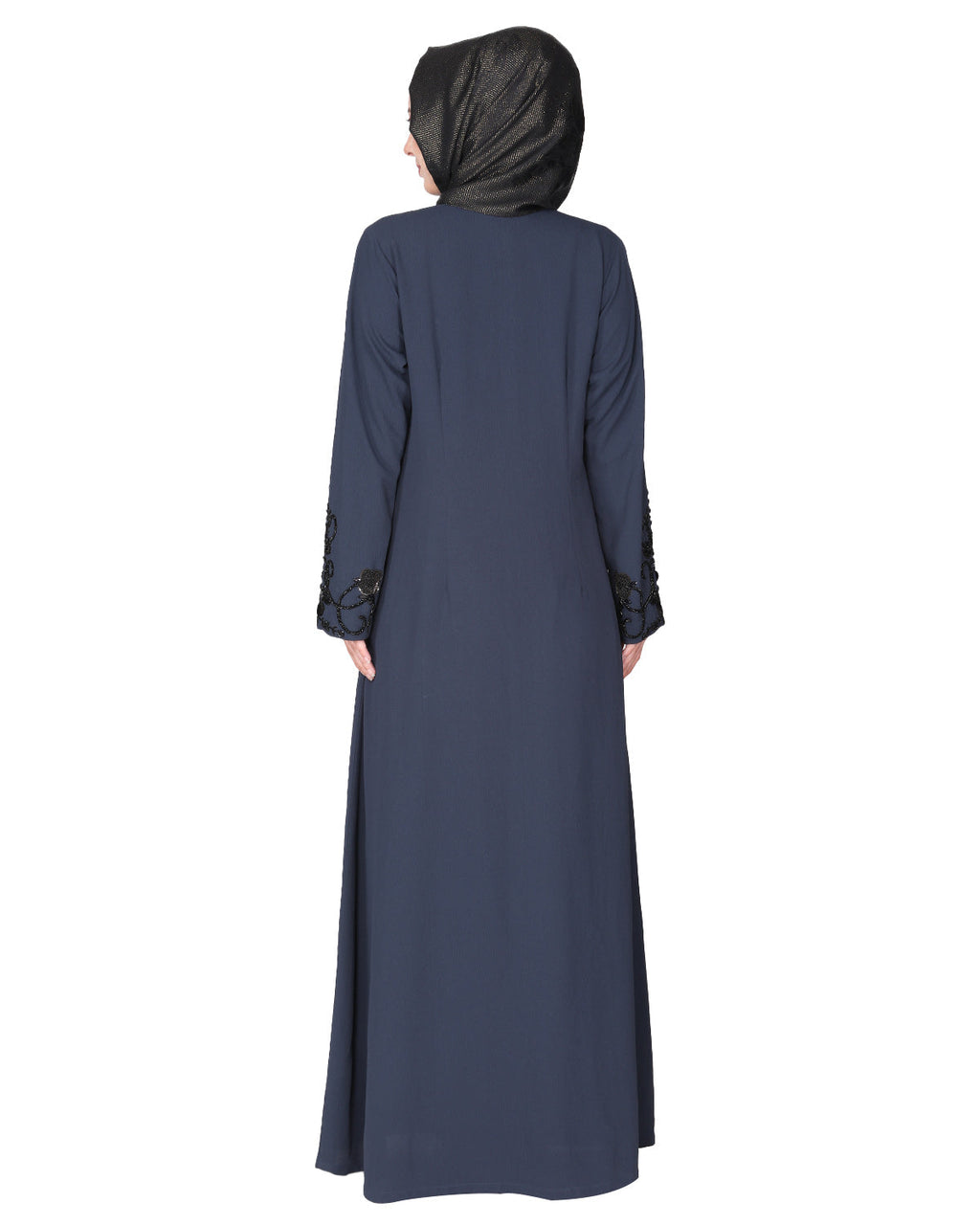 Rich hand embroidered front open abaya with itricate motif of glittering beads Dark Grey